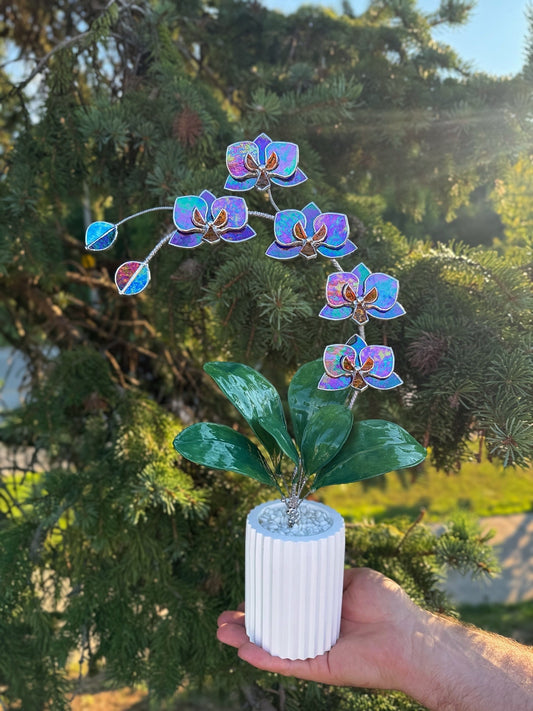 .Amethyst indigo Orchid, WITH RESIN LEAVES, 5 Flowers, Handmade Stained Glass Botanical Art Decor