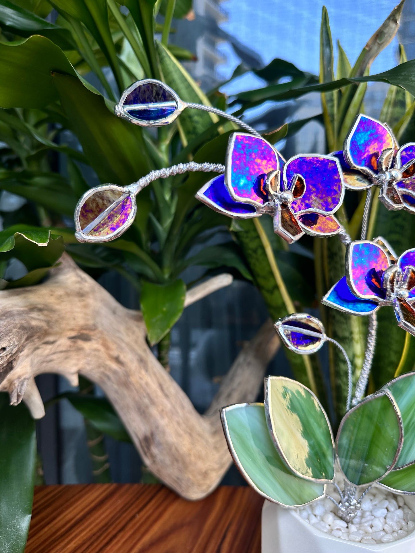 ". Amethyst luminescent Orchid 3 flowers with pot” Stained glass tropical flower 3D, Sun catcher, Table plant, Garden stick, Outdoor and gardening decor