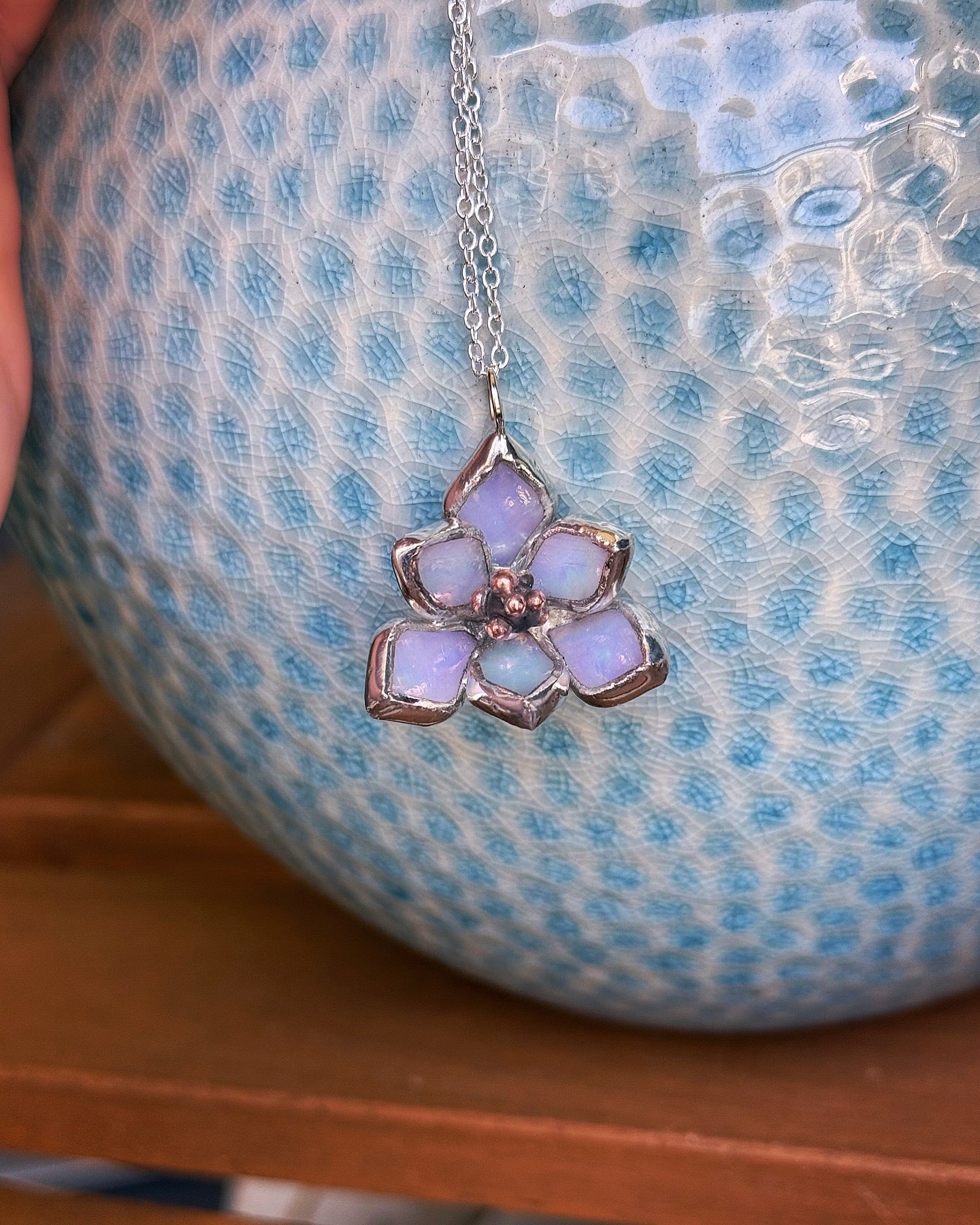 " . Magnolia flower White pearl iridescent Necklace” Stained glass tropical flower 3D, art jewelry
