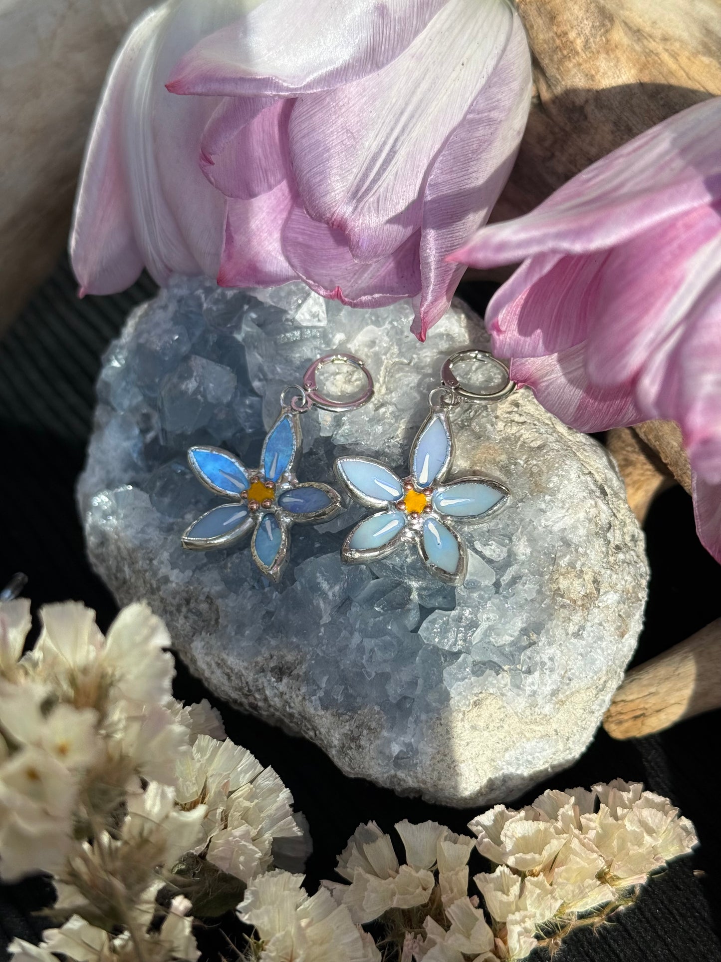 Forget Me Not Earrings Sky Blue Iridescent Handcrafted Stained glass Botanical Art Jewelry