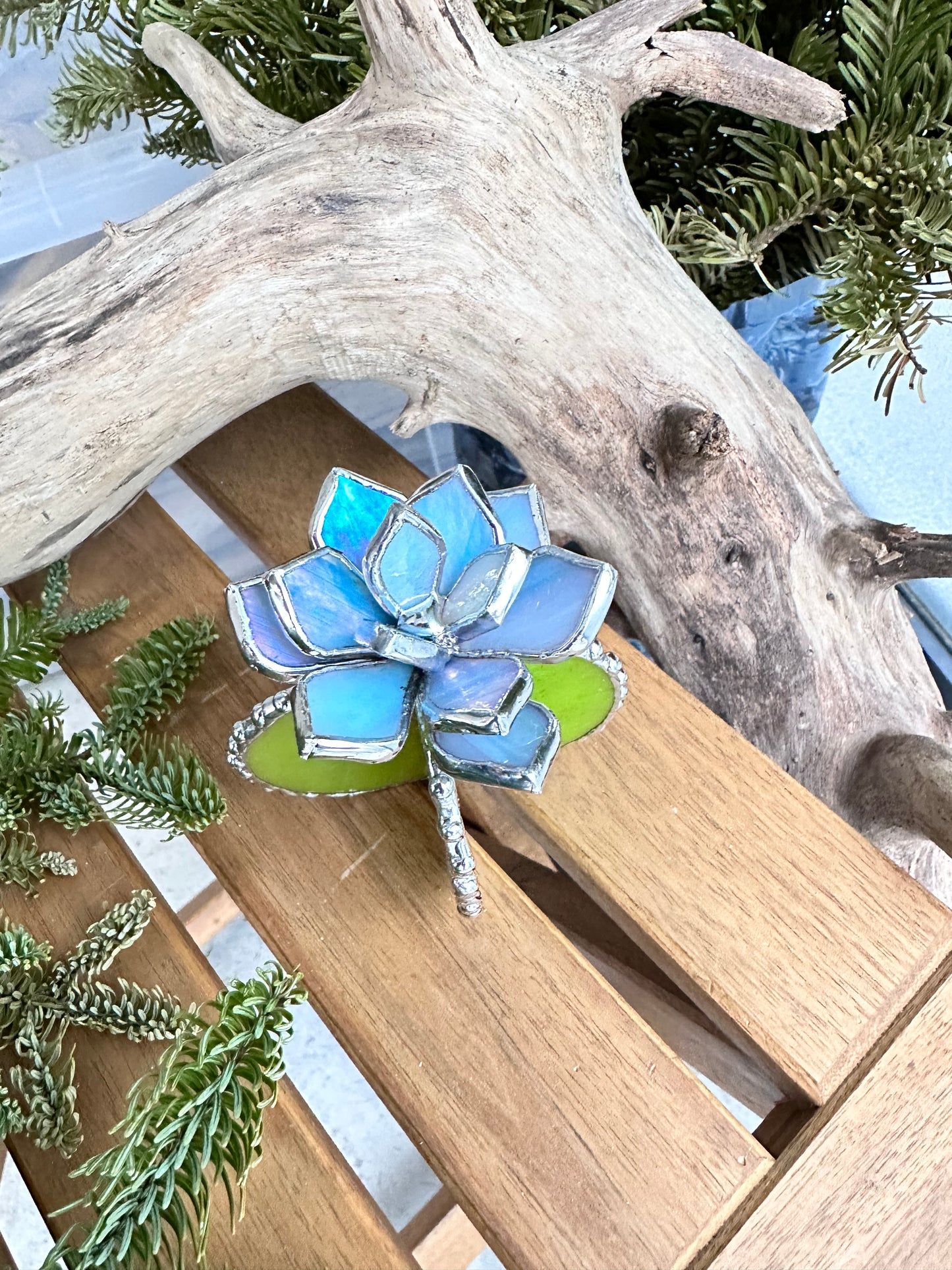 "Cactus XL Sky Blue Iridescent& Green Iridescent ", Stained glass, Succulent 3D Cacti house plant for flower pot Sun catcher glass art wedding, available