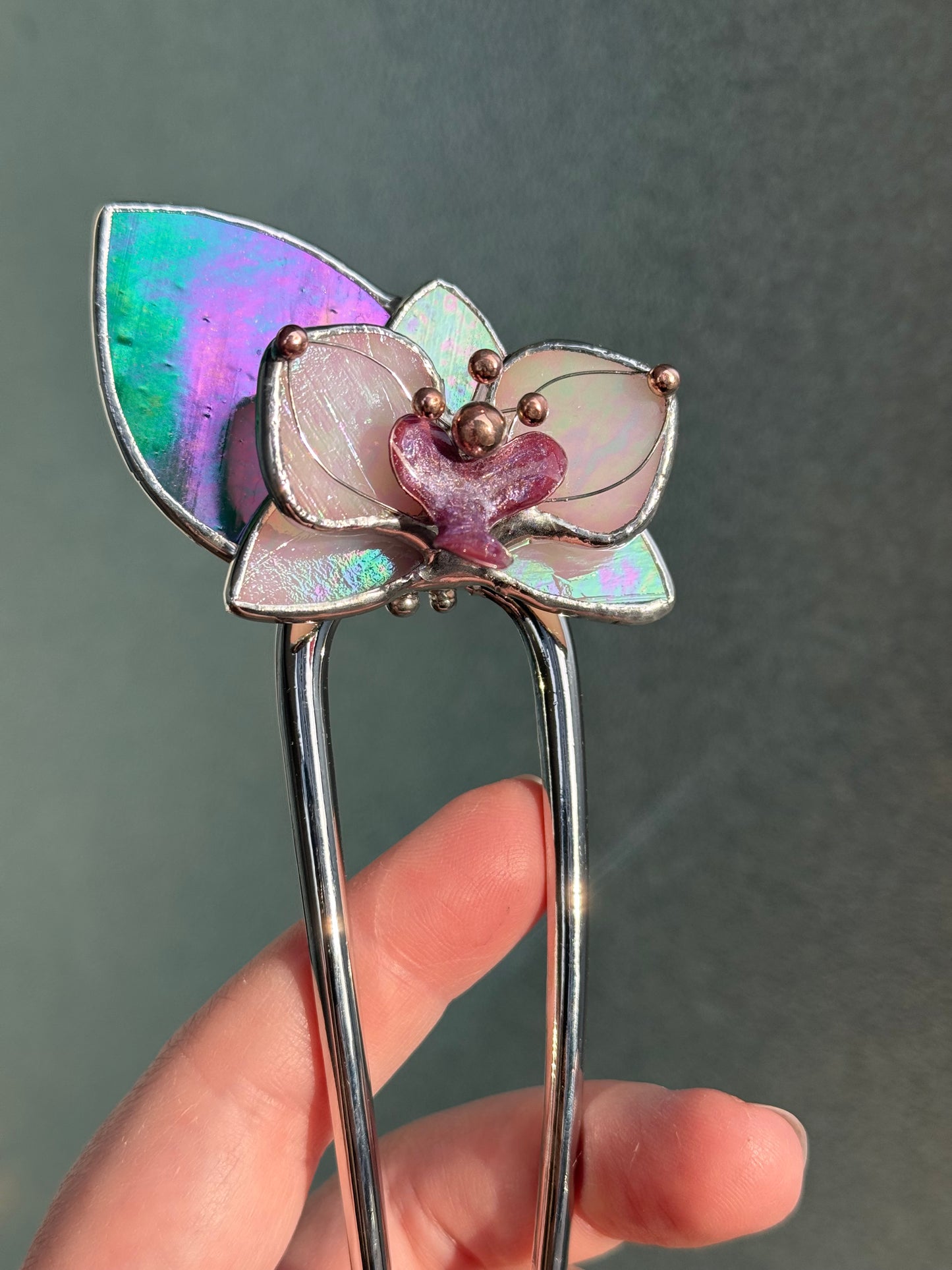 Hair Pin Stained Glass Orchid Flower CHOOSE COLOR Handmade Floral Accessories