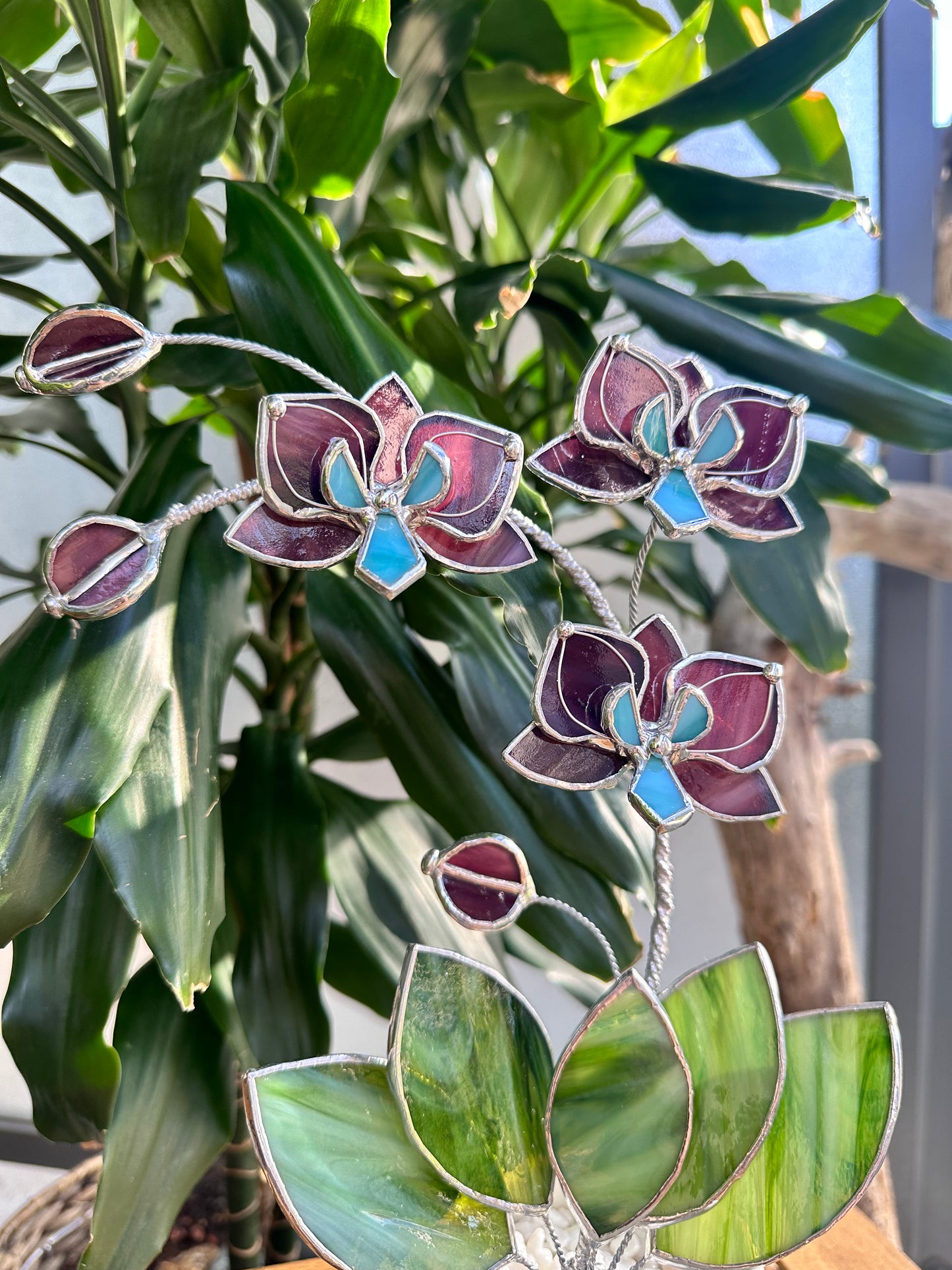 ". Reach Elderberry Orchid 3 flowers with pot” Stained glass tropical flower 3D, Sun catcher, Table plant decor, Garden stick, Outdoor and gardening decor