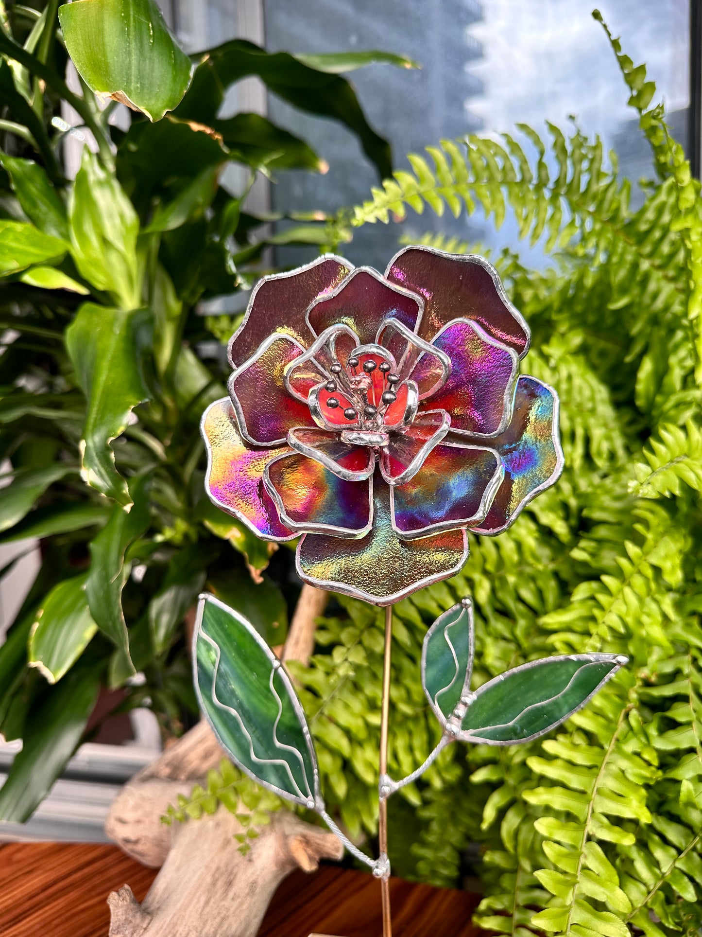 " . Mauve iridescent Peony Stained glass flower, tropical 3D Sun catcher, Table plant decor, wedding gift, available