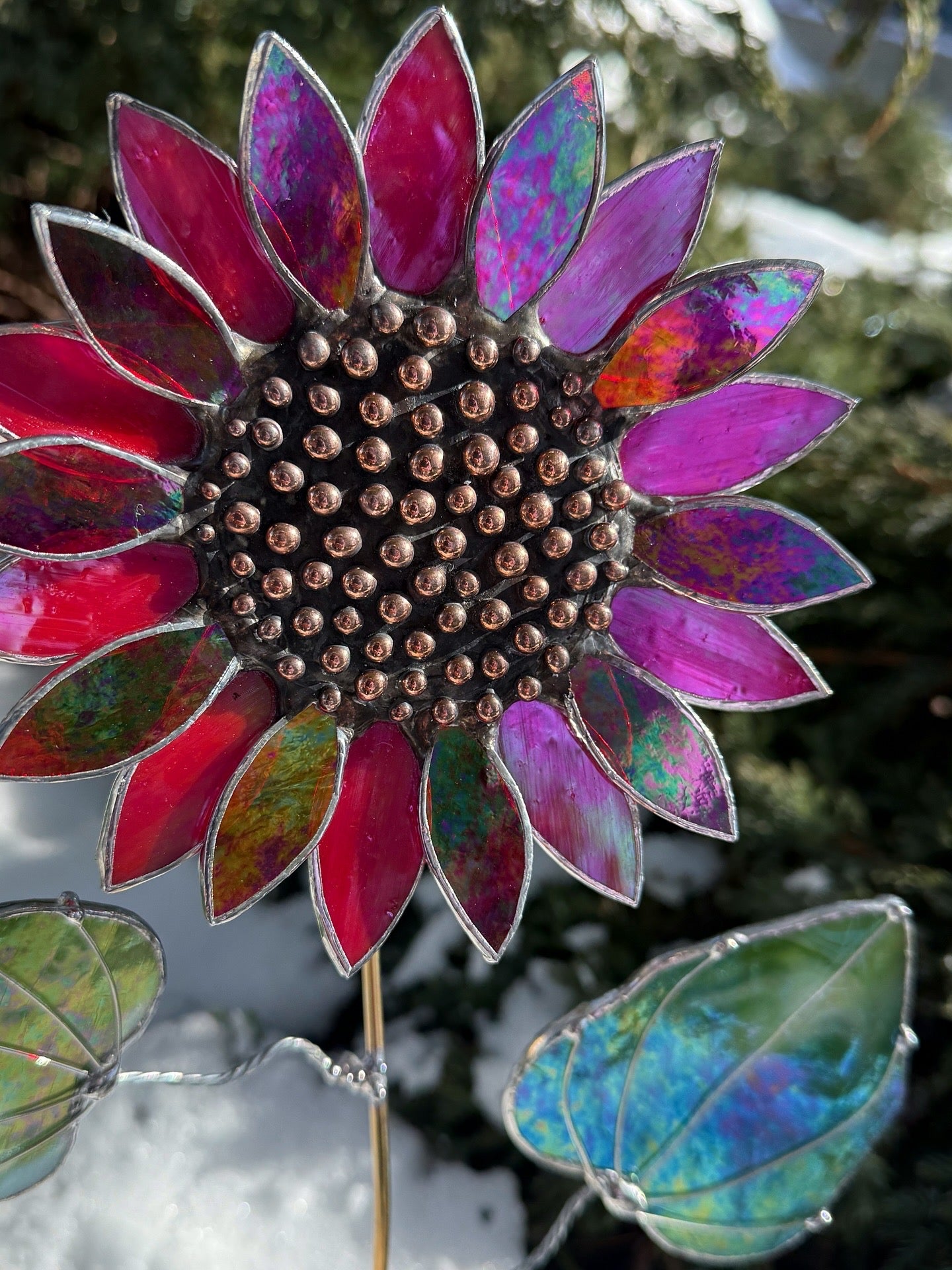 .Sunflower Ruby Red, Artisan 3D Stained Glass Suncatcher, Table Decor