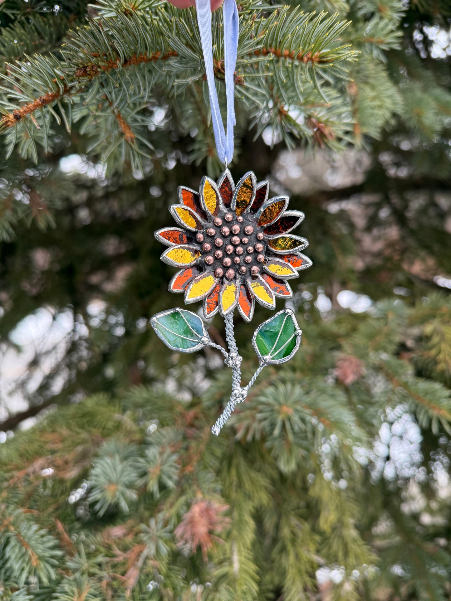 " . Ornament Sunflower Gold & Amber Silwercoat” Stained glass tropical flower 3D