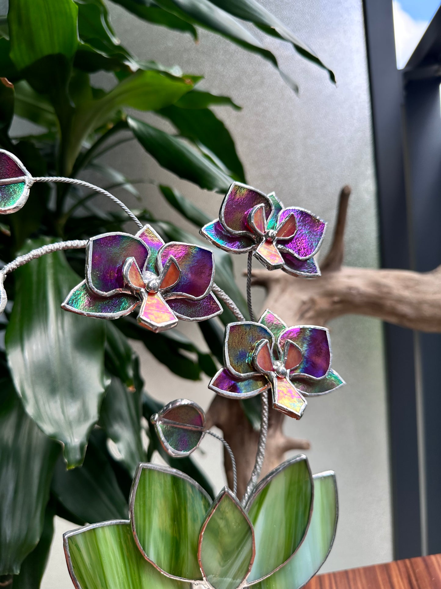 " . Mauve iridescent Orchid 3 flowers with pot” Stained glass tropical flower 3D, Sun catcher, Table plant, Garden stick, Outdoor and gardening decor