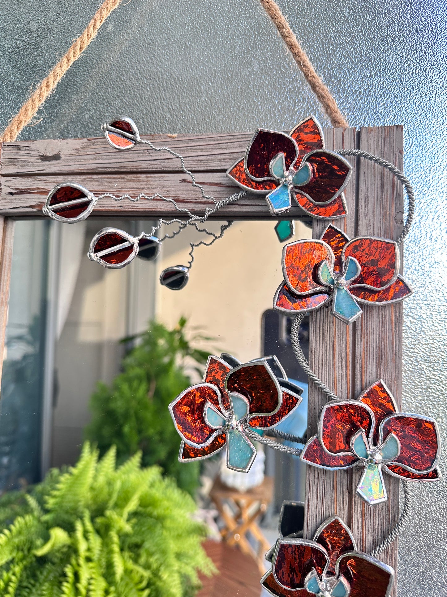 ". Blooming Orchid Amber Silvercoat" Stained glass flower Mirror, Wall decor, Wedding, Christmas gift