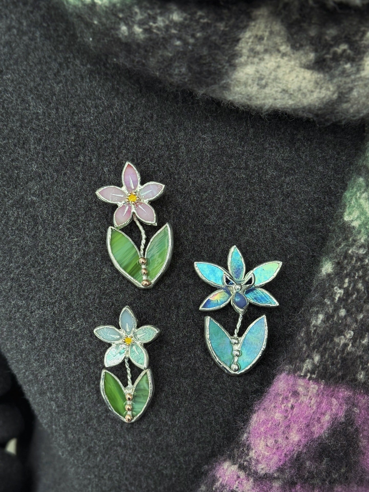 Forget me not Pink Brooch Stained Glass Flower Pin, Modern Art Jewelry statement ready