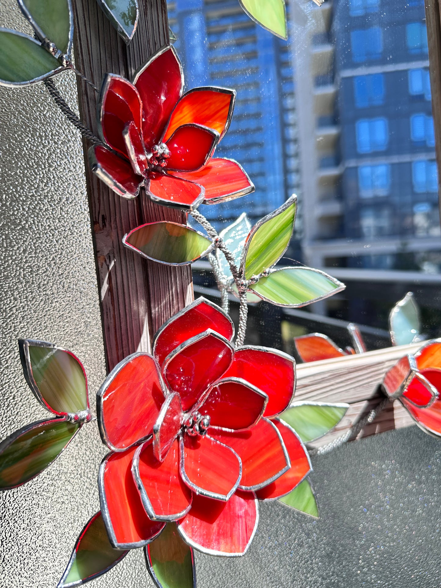 " .Flower Mirror Ruby Red Magnolia, Stained glass Wedding Wall Decor, Christmas gift, Suncatcher