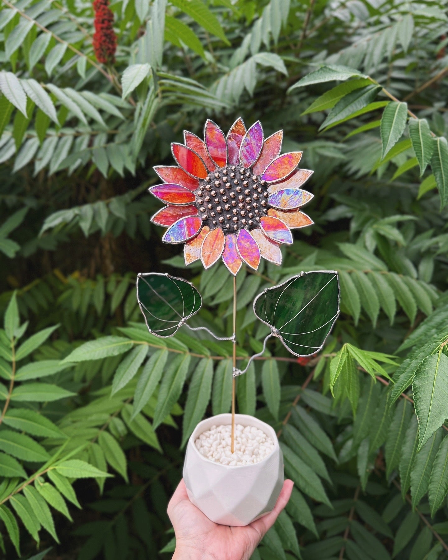 " .  Sunflower Red Amber iridescent", stained glass tropical flower 3D, Sun catcher, Table plant decor, Garden stake, Outdoor and gardening, wedding Christmas gift