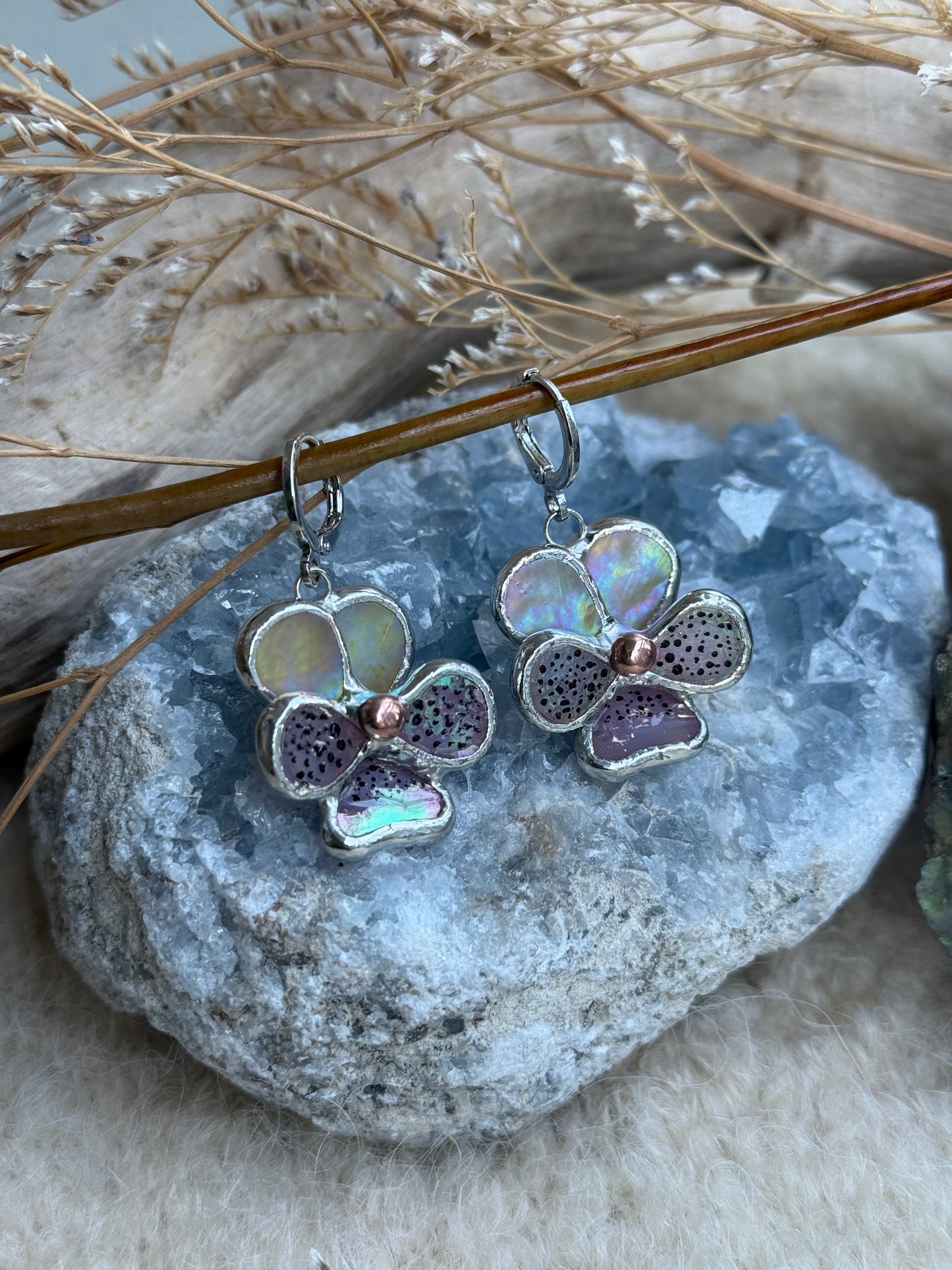 " . Earrings Pansy flower” Stained glass modern floral art jewelry