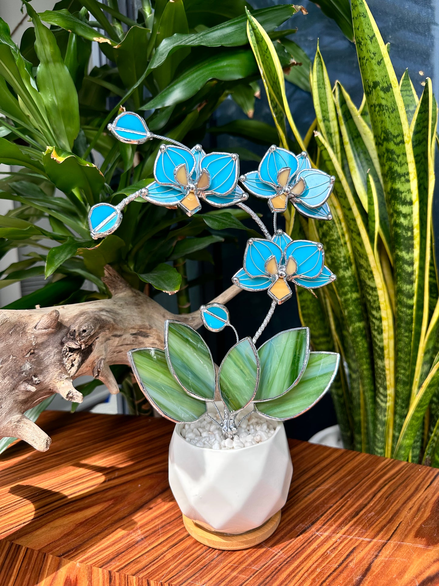 " . Tiffany turquoise Orchid 3 flowers with pot” Stained glass tropical flower 3D, Sun catcher, Table plant, Garden stick, Outdoor and gardening decor, available