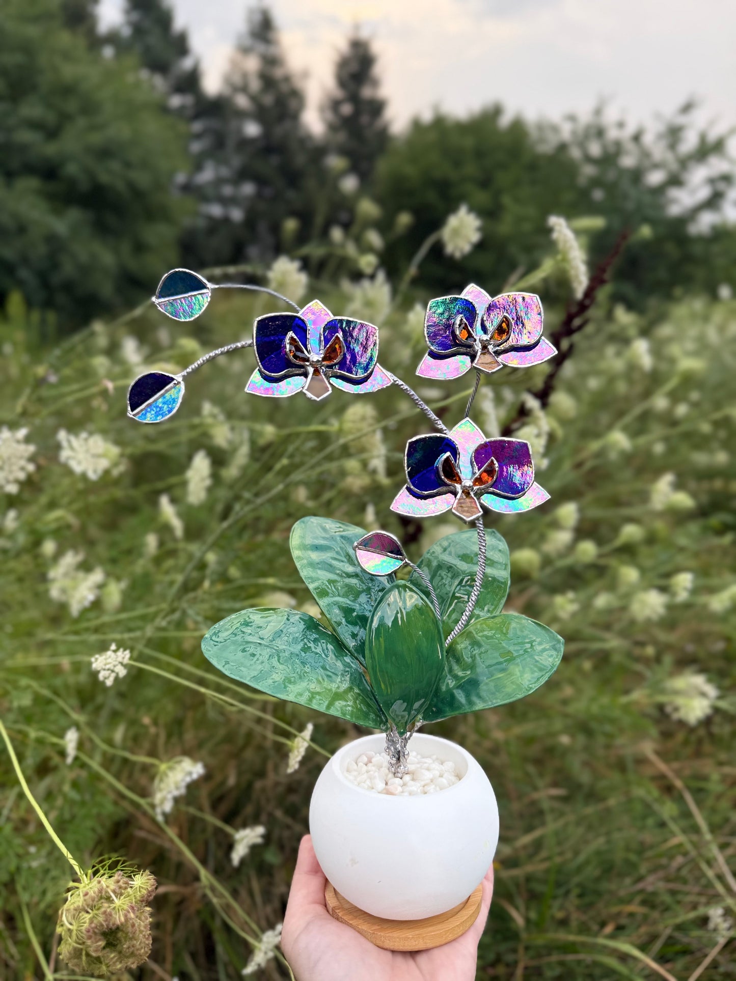 Orchid Indigo Iridescent Stained Glass WITH Hand Painted RESIN LEAVES, 3 Flowers, Botanical Table Decor
