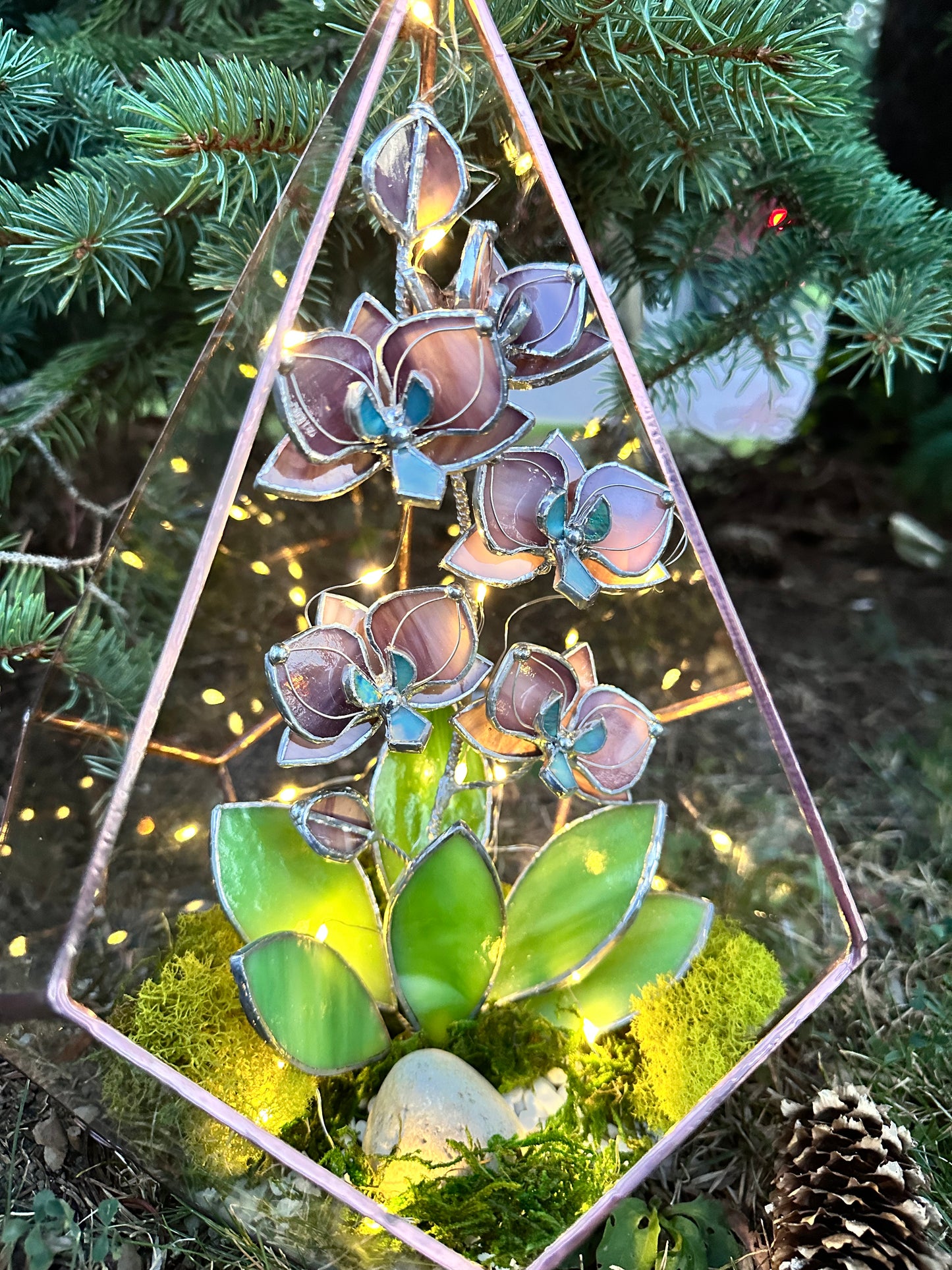 " . Geometric glass 3D terrarium Teardrop with stained glass orchids. Wedding glass decor, Mother’s Day  gift, glass art, suncatcher, succulents, cacti