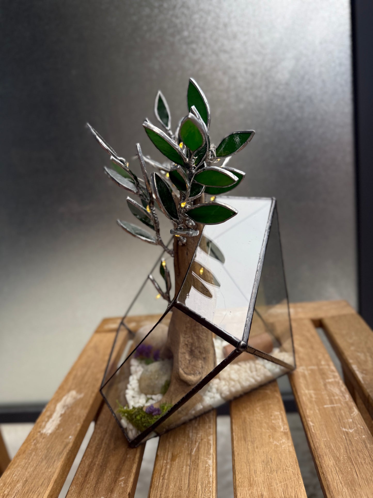 "  . Geometric glass terrarium with bonsai with glass leaves and lights”, Table decor, Christmas gift