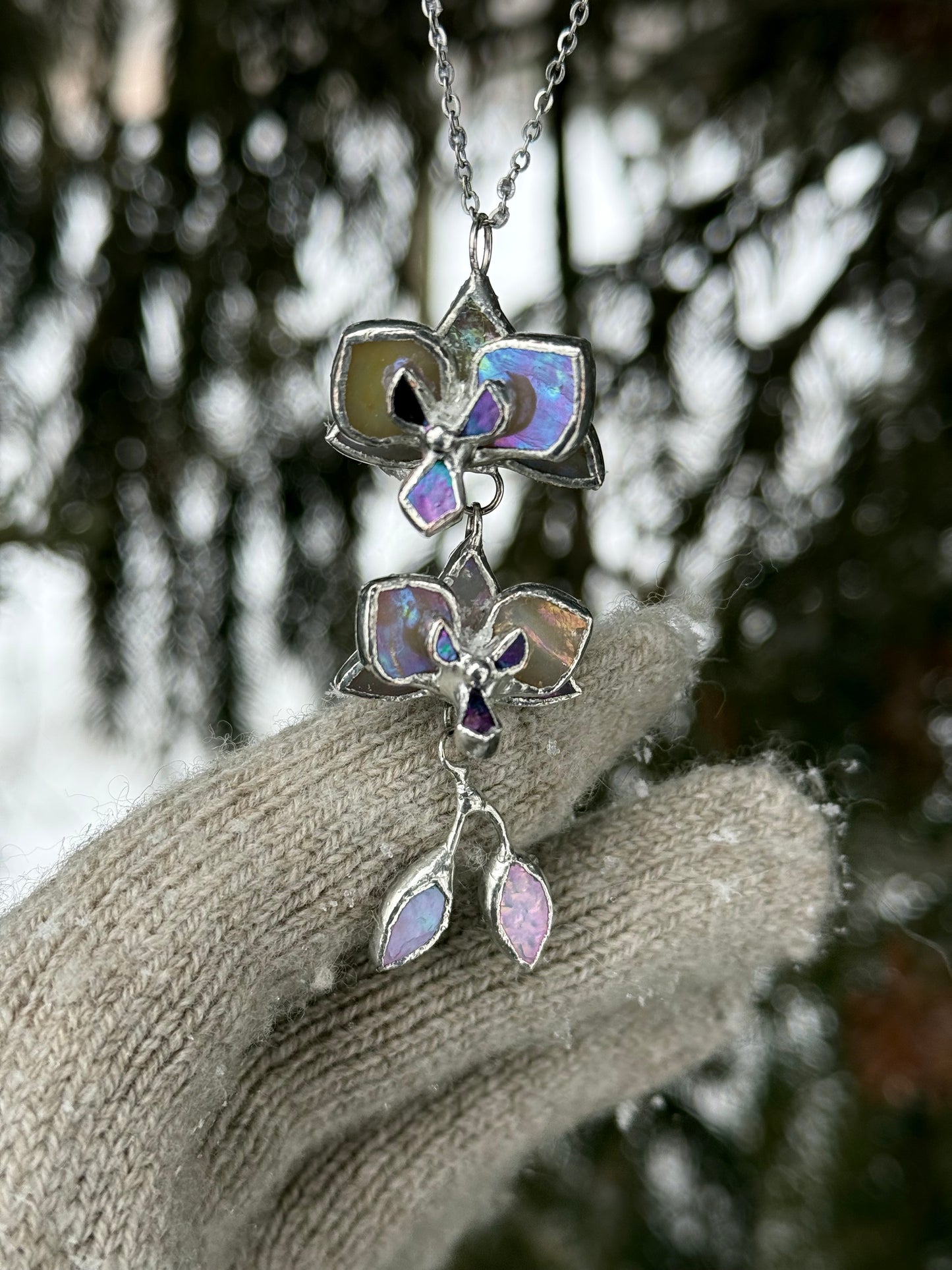 " . CHOOSE COLOR “NECKLACE 2 orchid flowers with buds” Stained glass tropical flower 3D, art jewelry