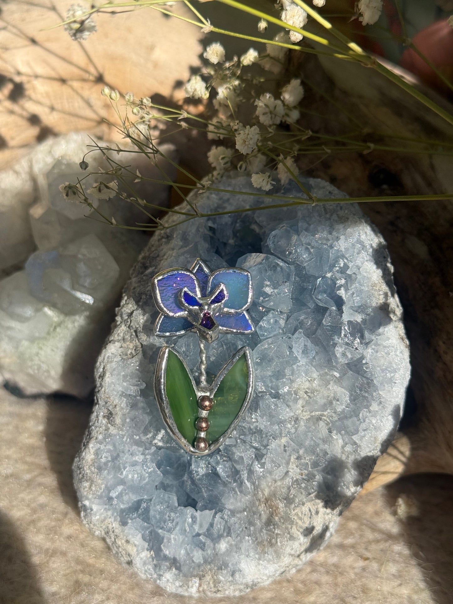 Brooch Orchid Blue Lavender irid Stained glass flower 3D art jewelry new