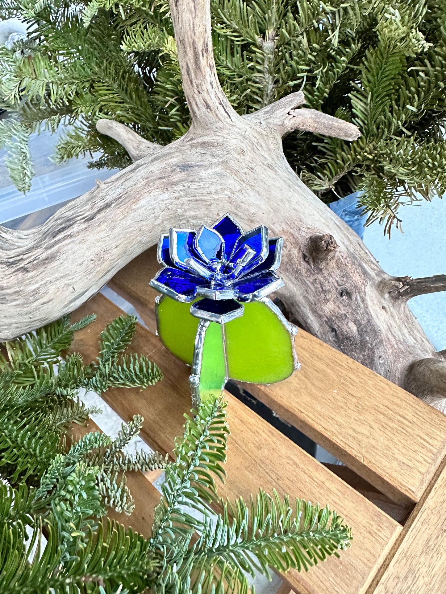 "Cactus XL Silvercoat Neon Blue & Green Iridescent", Stained glass, Succulent 3D Cacti house plant for flower pot Sun catcher glass art wedding