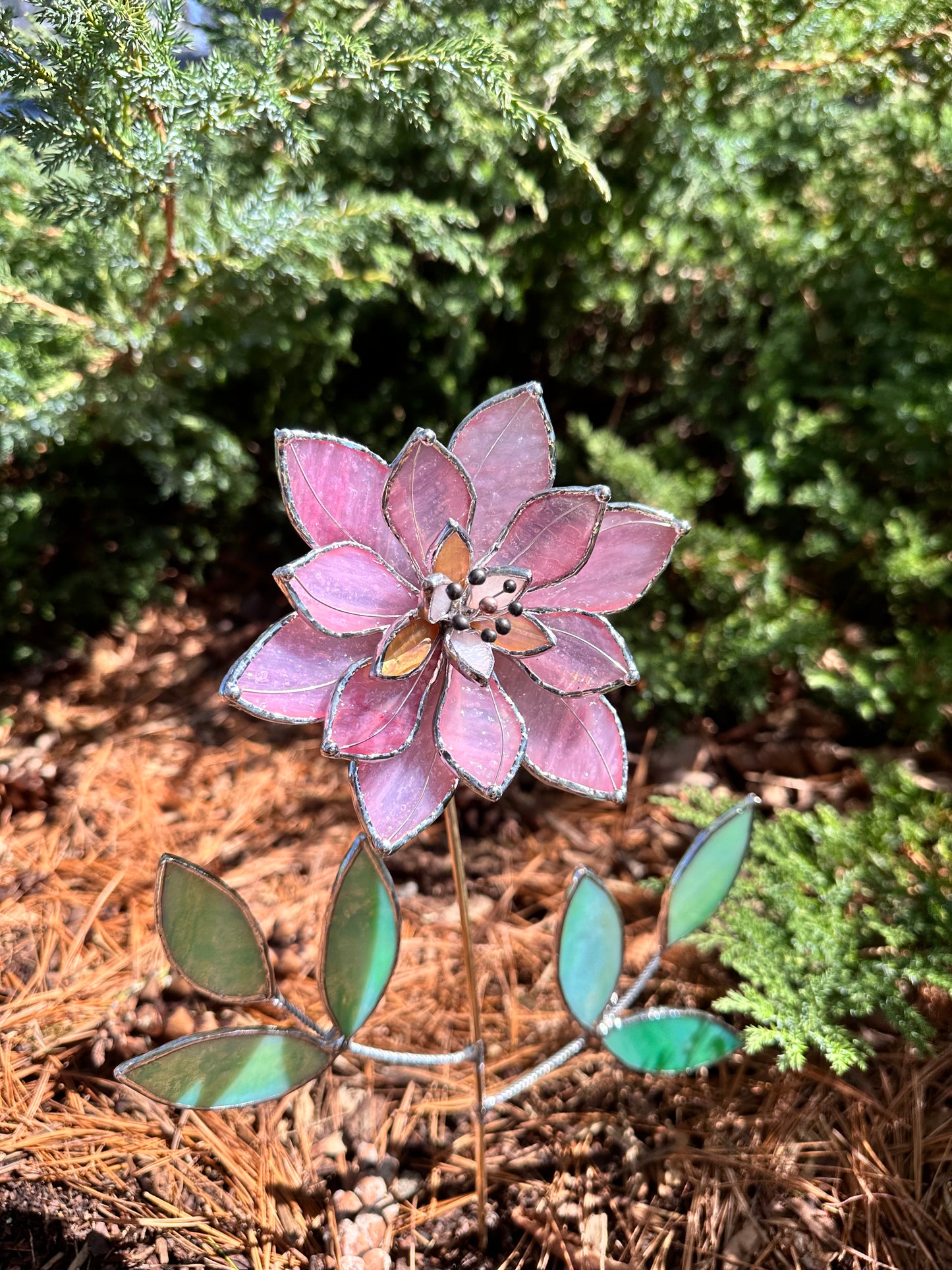 ". Candy Pink Lily translucent ribbed" Stained glass tropical flower 3D, Sun catcher, Table plant, Garden stake, wedding decor, Christmas gift, available