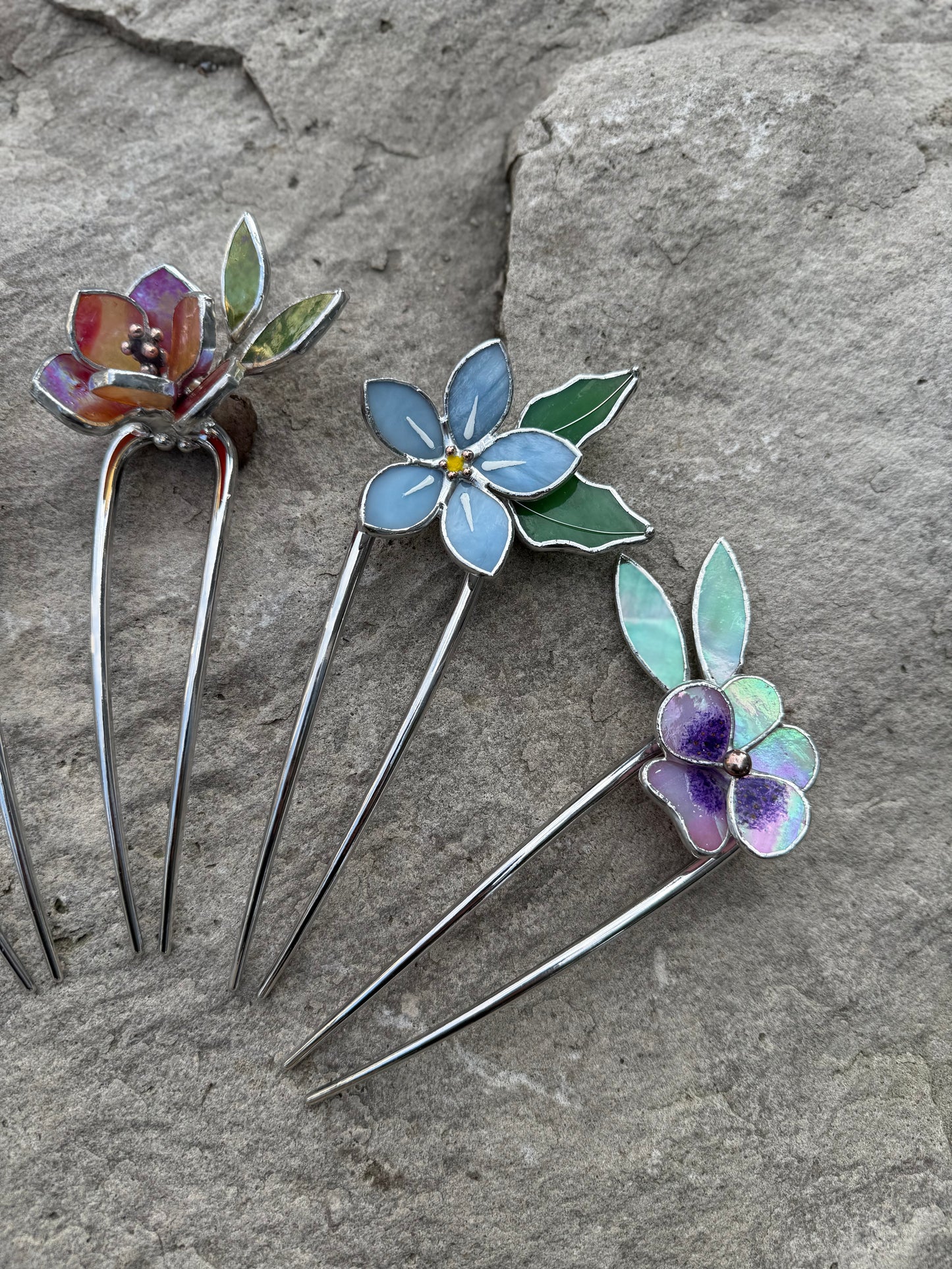 Hair Pin Stained Glass Forget Me Not Flower CHOOSE COLOR Handmade Accessories