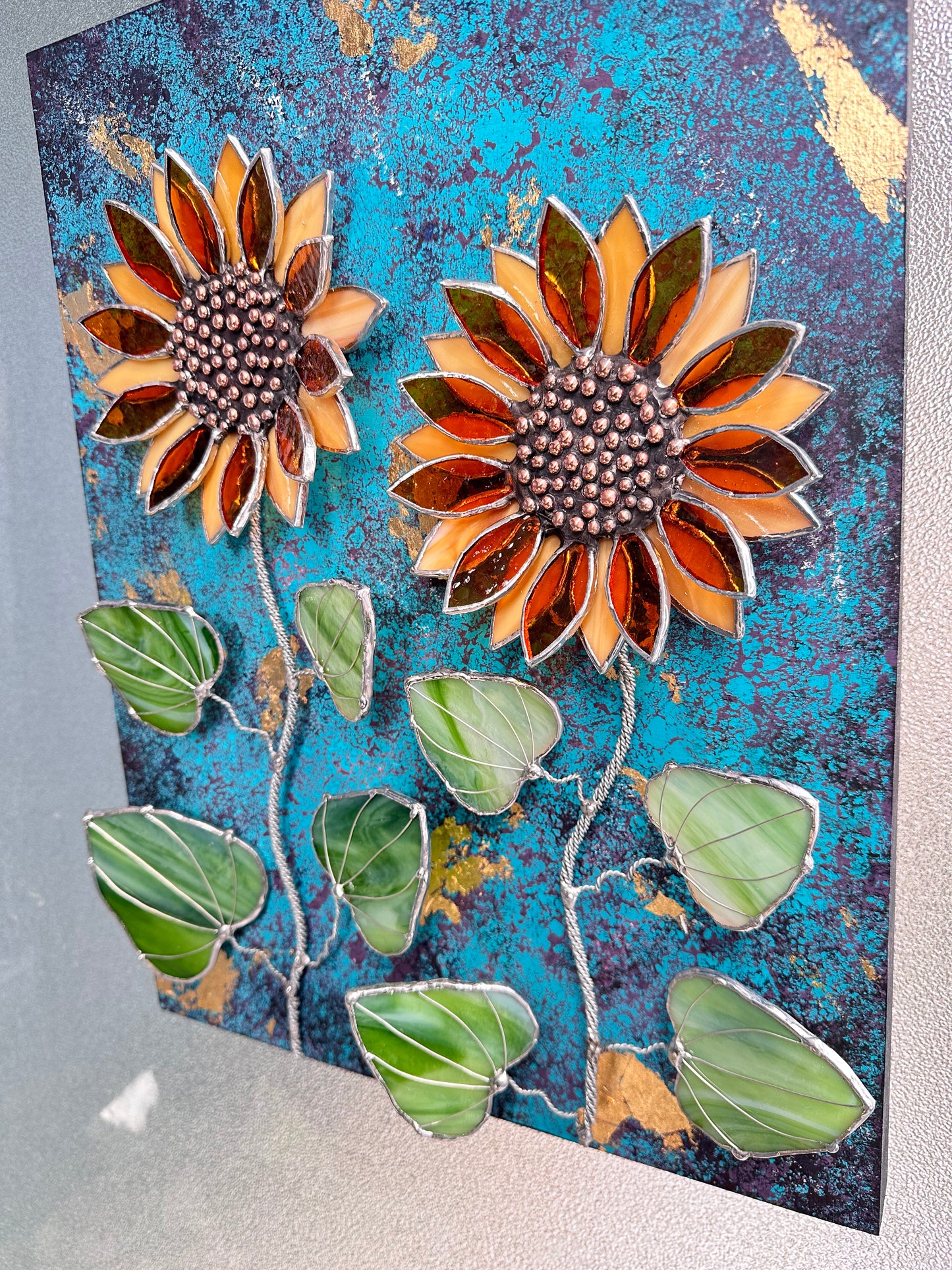 ".Acrylic painting with stained glass 3D flowers  Midnight Sunflowers" wall decor Art, Wedding, Christmas, gift  Succulents