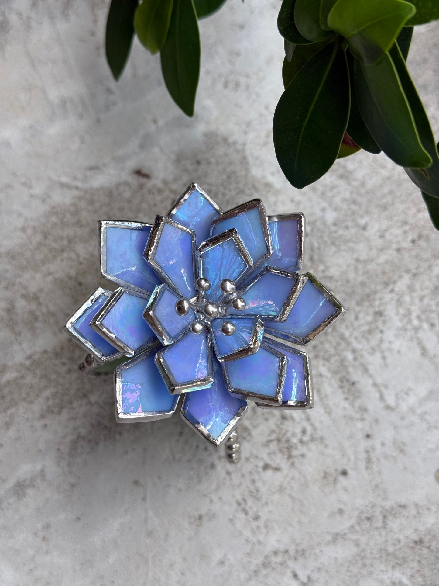 "Cactus Sky blue lumi & green ribbed" Stained glass Succulent 3D design, house plant for flower pot, Sun catcher, glass art, wedding decor