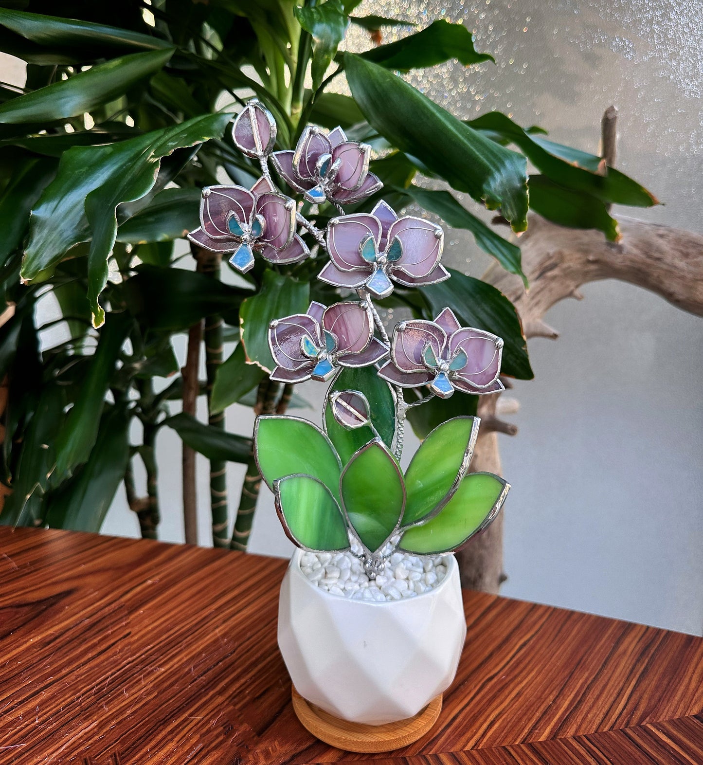 " . Dusty Rose Orchid М, 5 flowers with pot” Stained glass tropical flower 3D, Sun catcher, Table plant, Garden stick, Outdoor and gardening decor