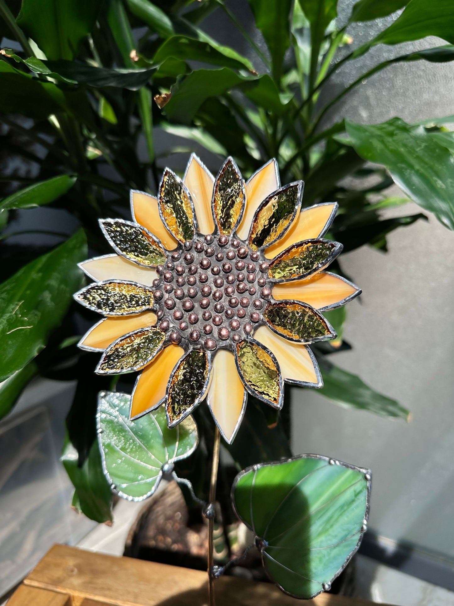 ".Sunflower Light Amber", stained glass tropical flower 3D, Sun catcher, Table plant decor, Garden stake, Outdoor and gardening, wedding Christmas gift