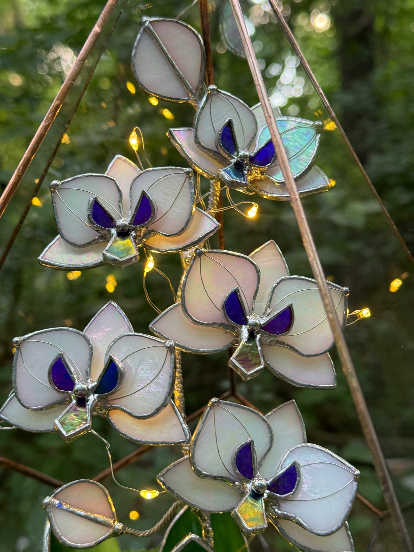 .CHOOSE COLOR Handcrafted Geometric glass 3D terrarium Teardrop with stained glass orchid