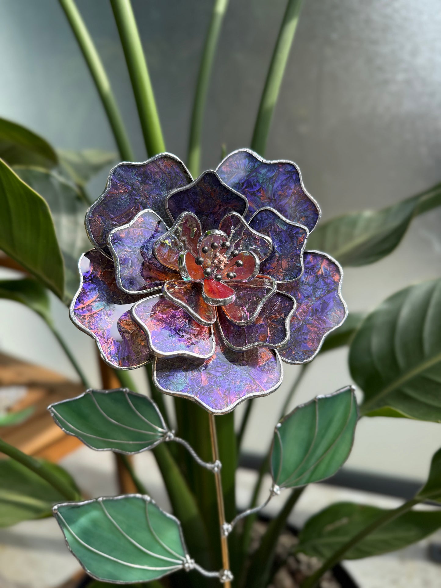 .Multicolor Peony Stained glass flower 3D Botanical Table Plant Decor new