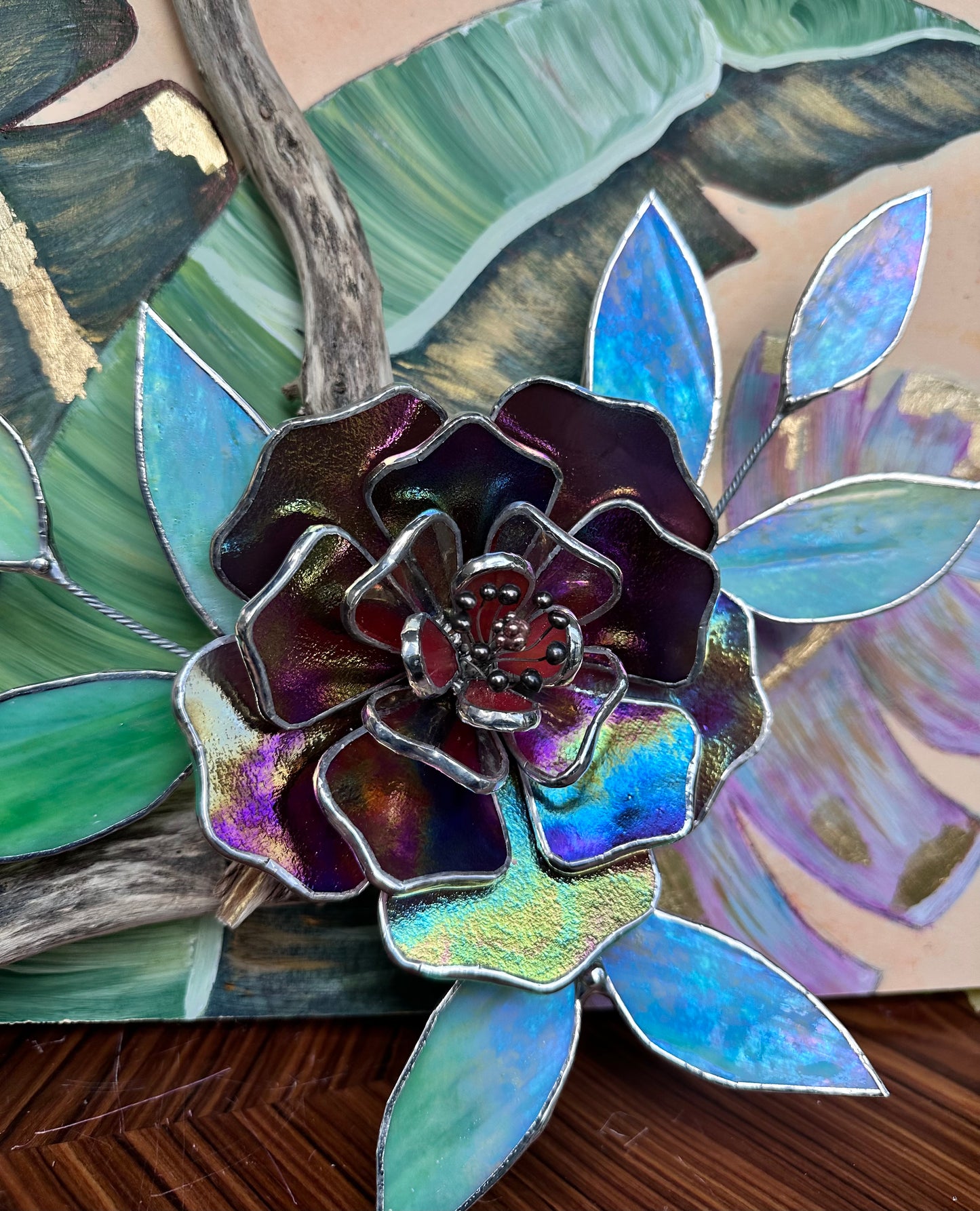 " .Acrylic painting ‘Wild Tropics’ with stained glass 3D flowers, Wall decor, Wedding, Christmas gift, available