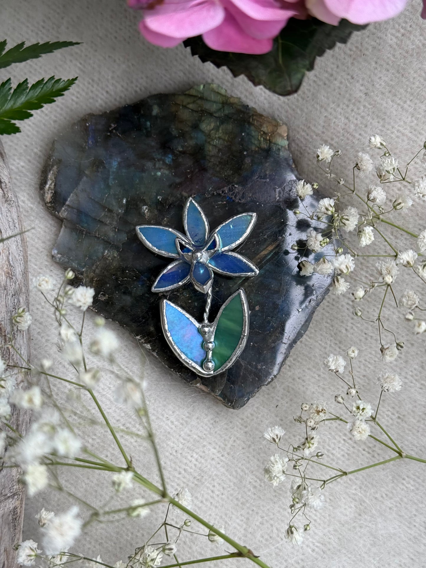 Orchid Blue lumi Brooch Stained Glass Floral Pin, Modern Art Jewelry statement ready new