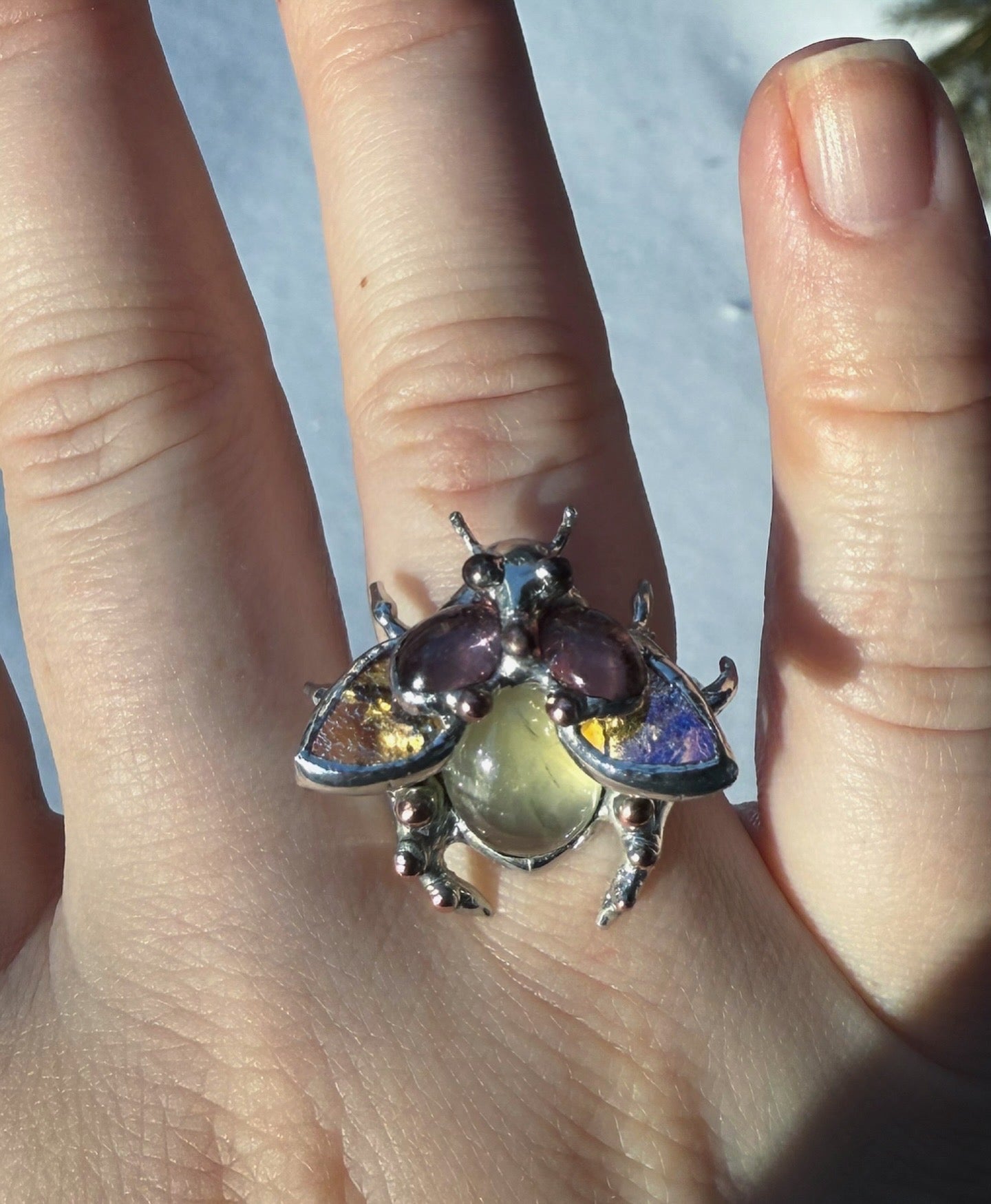 " . Bug Ring “Flower Chafer with Pink Tourmaline & Olive Prehnite”, art jewelry pendant with gemstones 3D wedding jewelry Mother’s Day gift