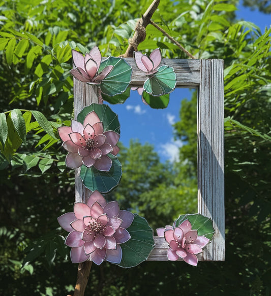 .Beautiful Lotus Stained glass Wall Mirror, 3D Botanical Floral Art ready