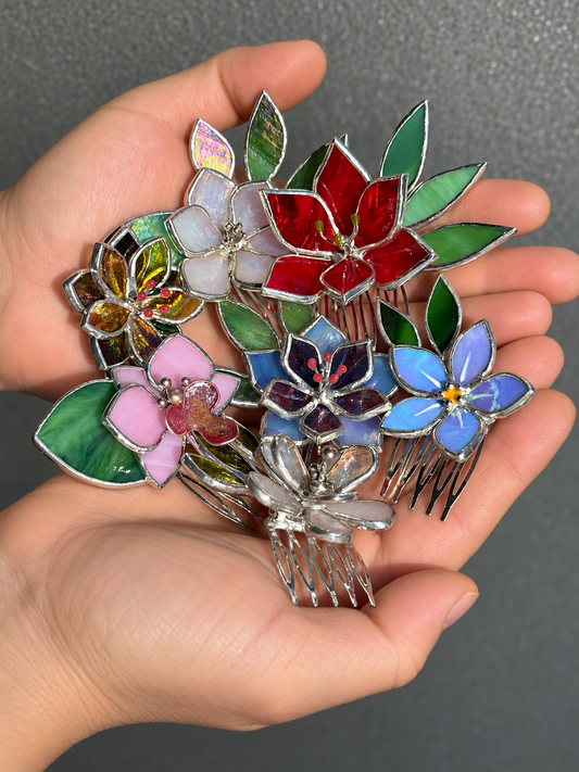 .CHOOSE FLOWER TYPE, Stained Glass Botanical Hair Comb, Modern Floral Jewelry