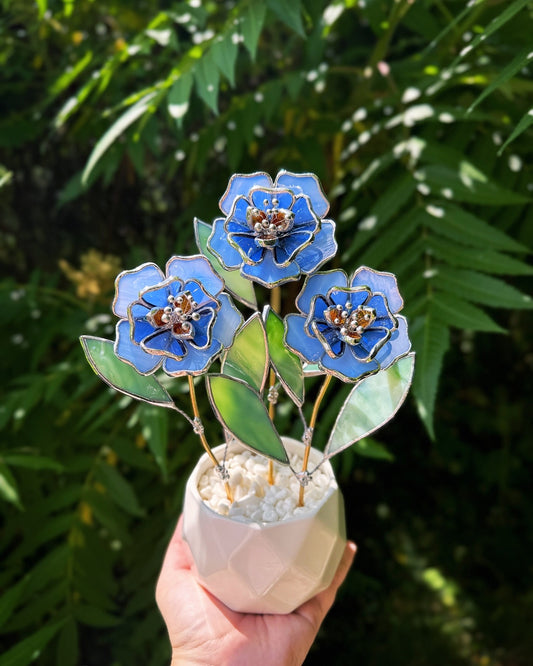 " . Blue Peonies 3 flowers in the pot", Stained glass tropical flower 3D, Sun catcher, Table plant decor, wedding Christmas gift