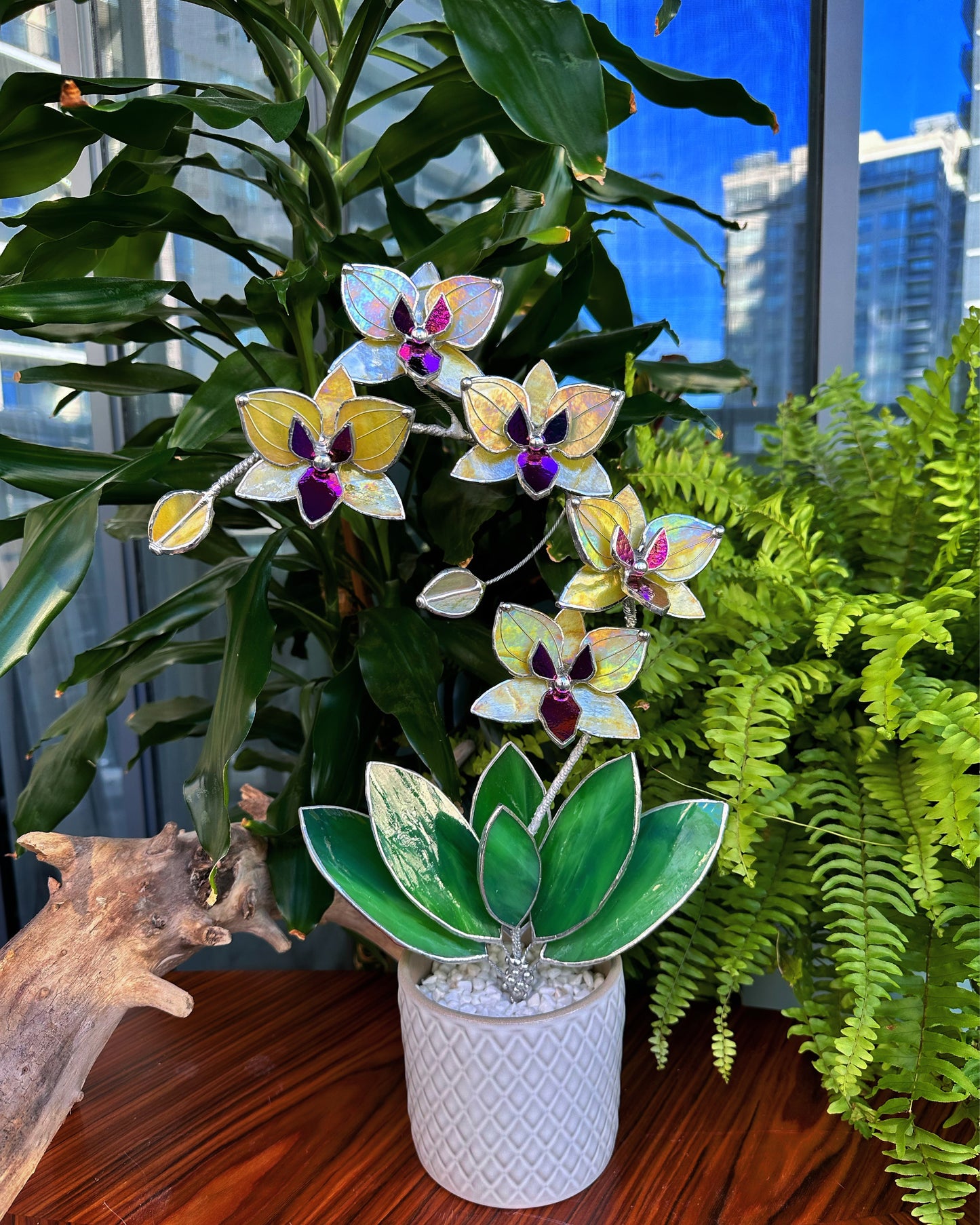 " . Lemon yellow iridescent Orchid XL with pot, 5 flowers, Suncatcher, tropical flowers, Outdoor and gardening, Christmas Wedding gift