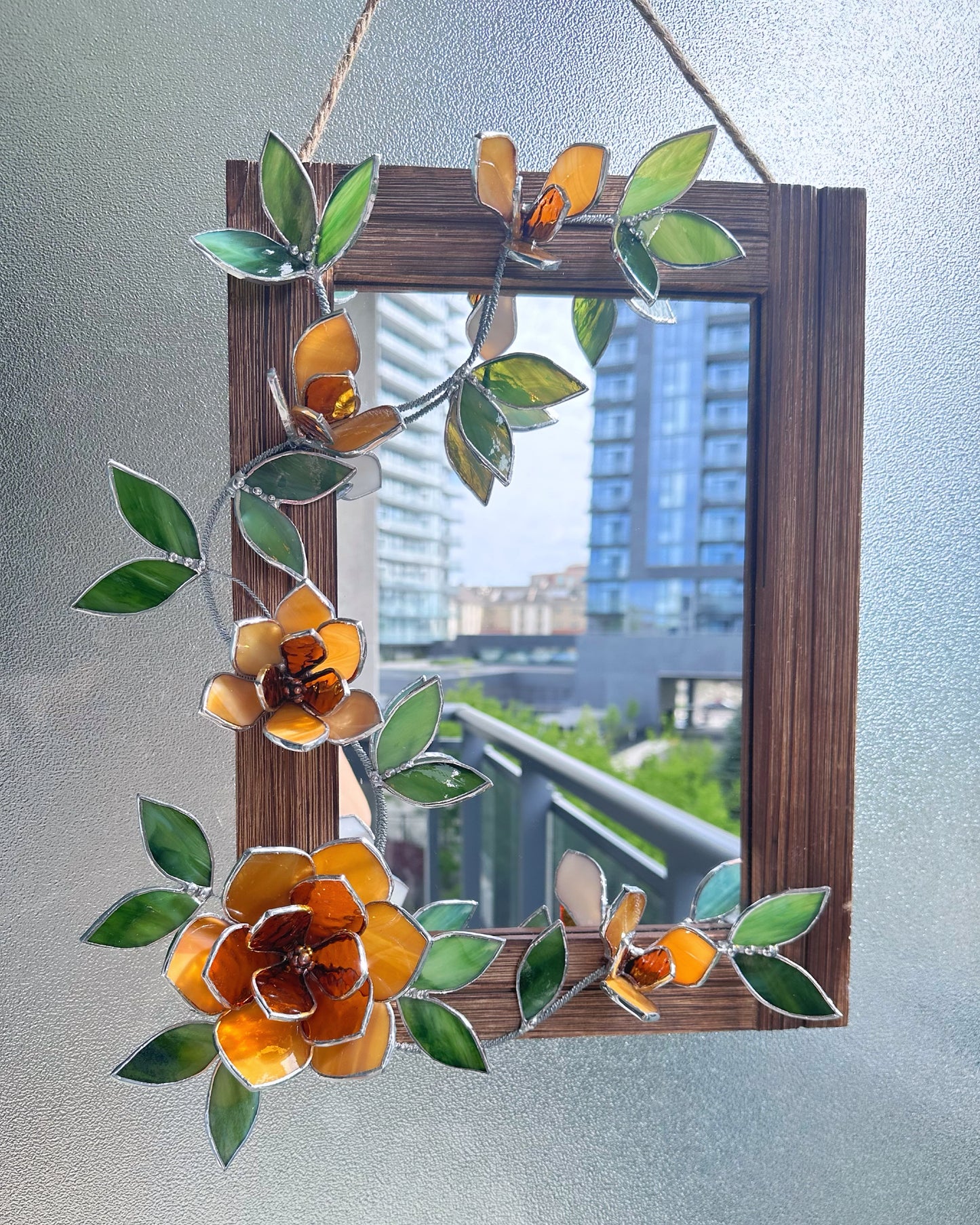 " . Amber Magnolia Flower Mirror, Stained glass Wedding Wall Decor, Christmas gift, Suncatcher