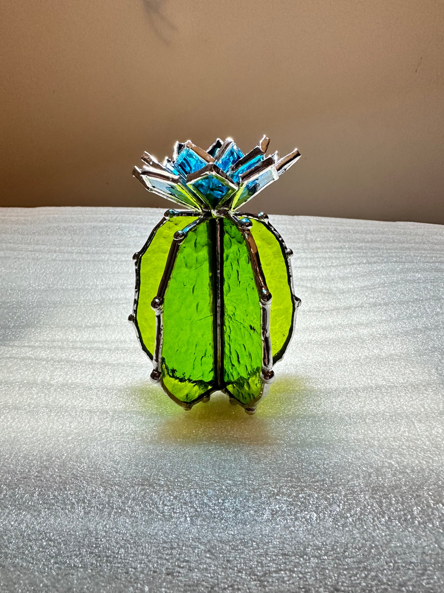 "Cactus XL Blue Green Ribbed Transparent ", Stained glass, Succulent 3D Cacti house plant for flower pot Sun catcher glass art wedding