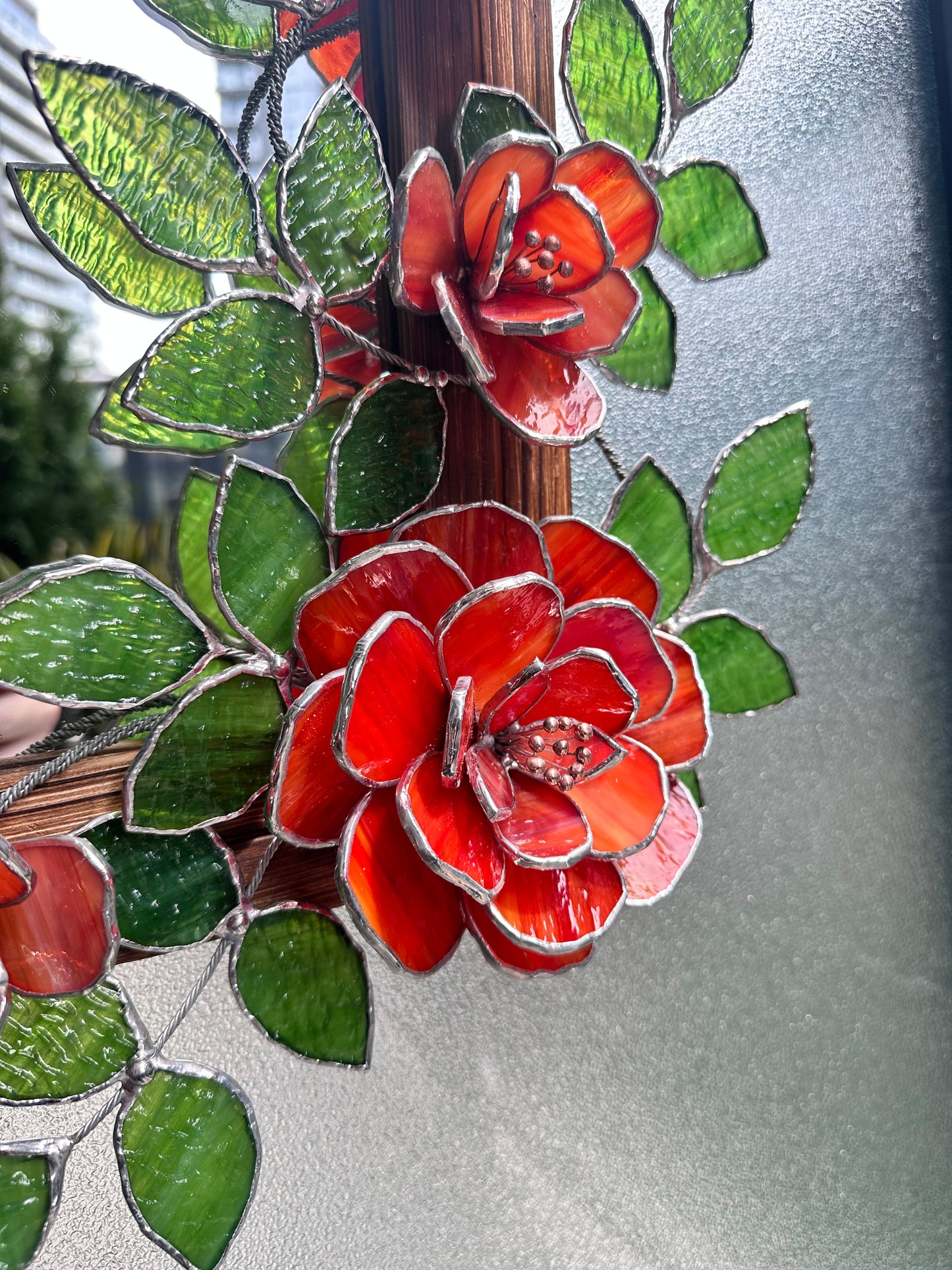 " . Flower Mirror Red Roses, Stained glass Wedding Wall Decor Christmas gift, Suncatcher