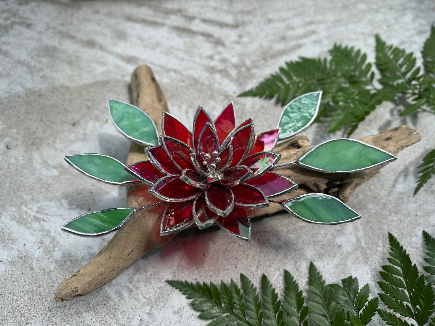 .Fire Flower Iridescent " Stained Glass Driftwood Wall Decor Suncatcher