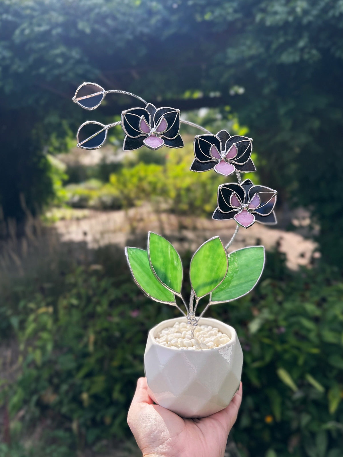 Black Pink Orchid 3 flowers with pot, Stained glass tropical flower, Sun catcher