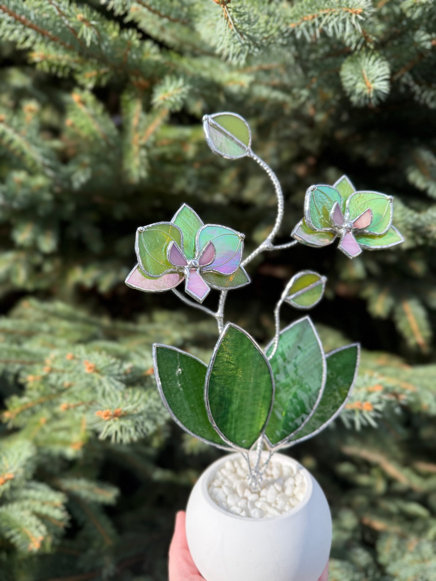 " .  Bright green iridescent Orchid, 2 flowers with pot” Stained glass tropical flower 3D, Suncatcher, Table plant decor