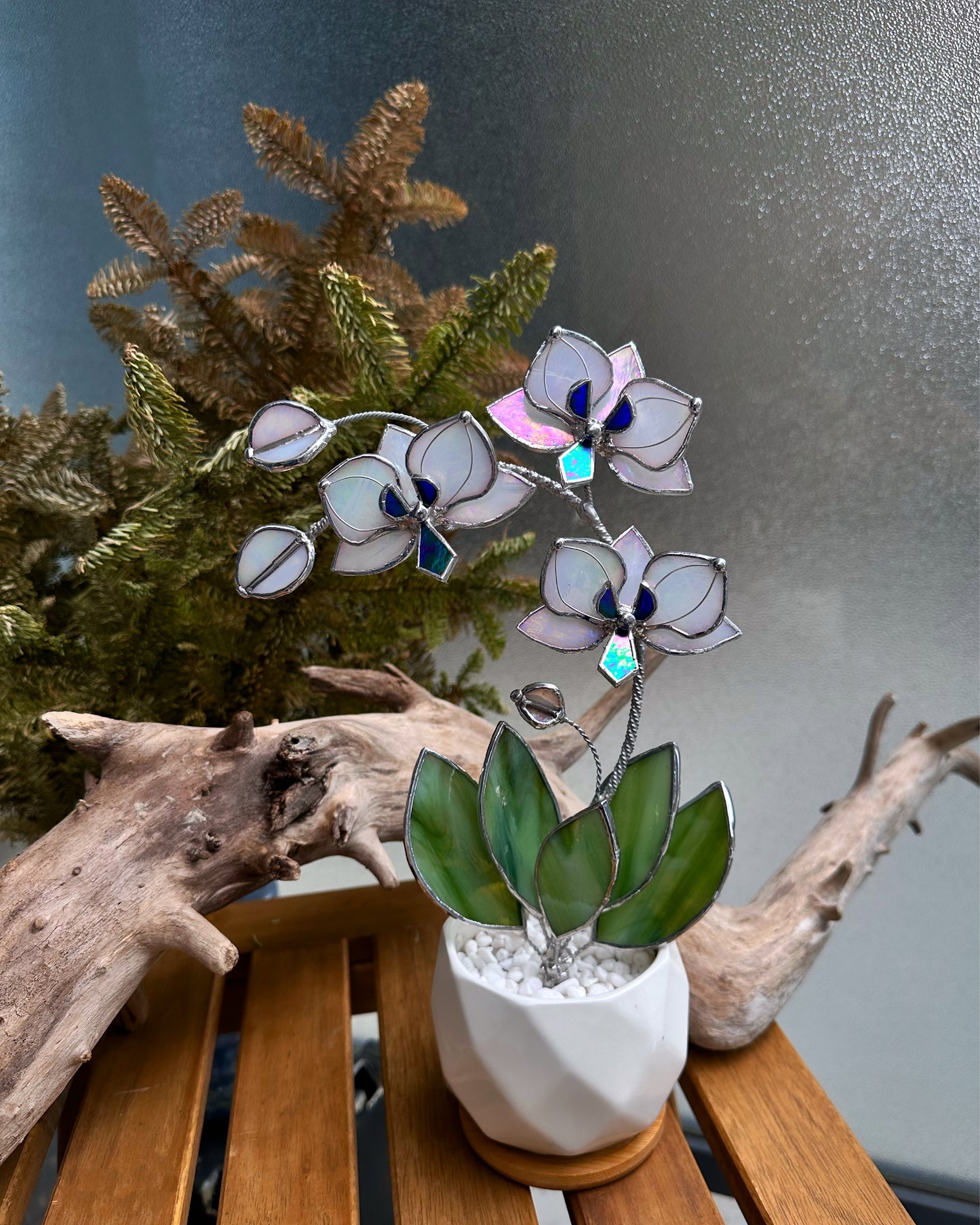 ". White Pearl iridescent Orchid 3 flowers with pot” Stained glass tropical flower 3D, Sun catcher, Table plant decor, Garden stick, Outdoor and gardening decor