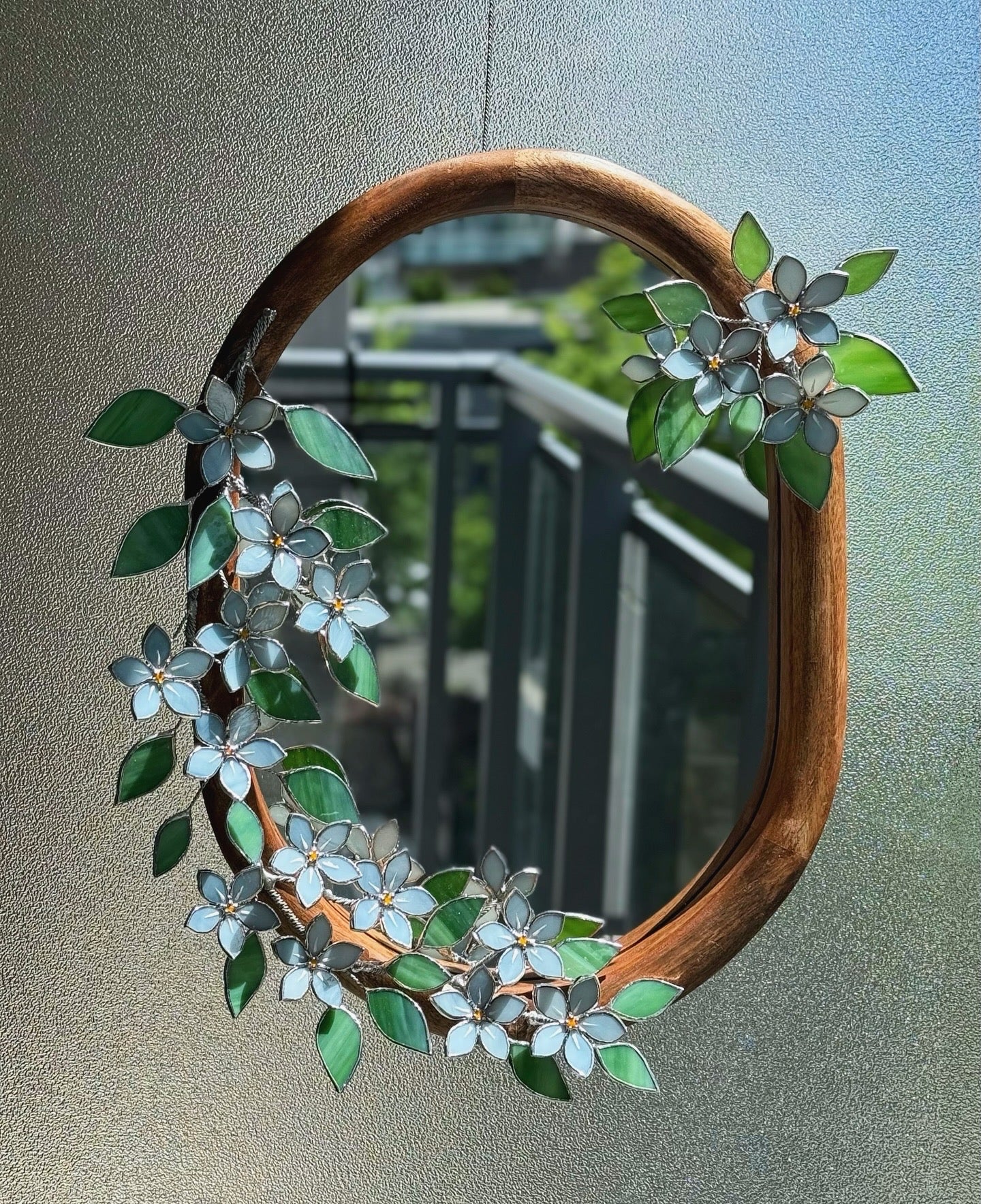 .Forget Me Nots Stained glass Wall Mirror, 3D Botanical Floral Art ready