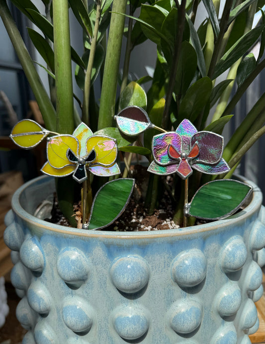 CHOOSE COLOR Orchid Stained Glass Stake for a Plant Pot, BotanicalDecor