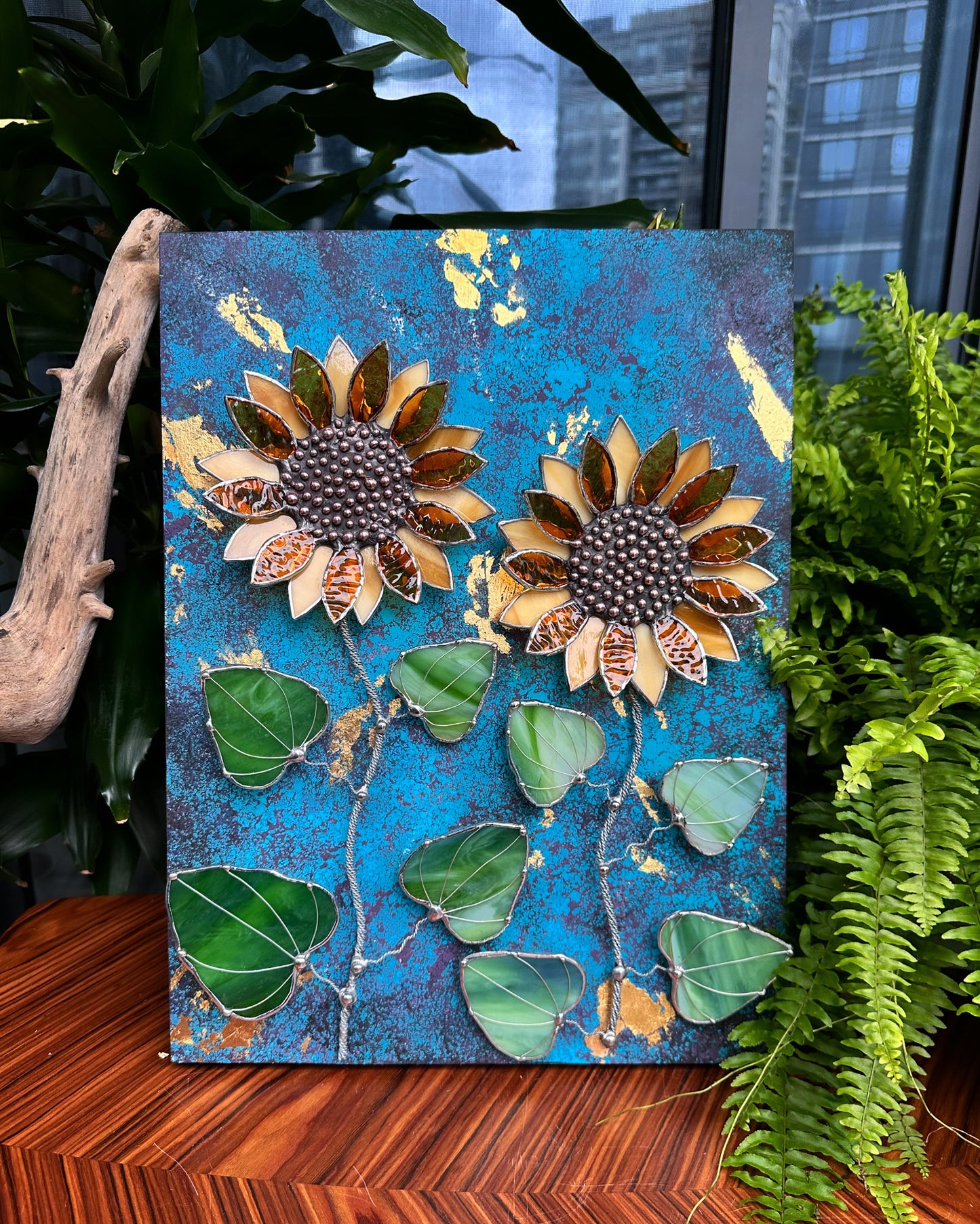 ".Acrylic painting with stained glass 3D flowers  Midnight Sunflowers" wall decor Art, Wedding, Christmas, gift  Succulents