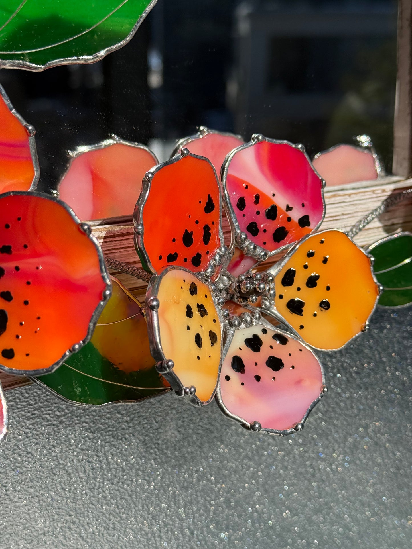 .Tiger Hibiscus Stained glass Wall Mirror, 3D Botanical Floral Art