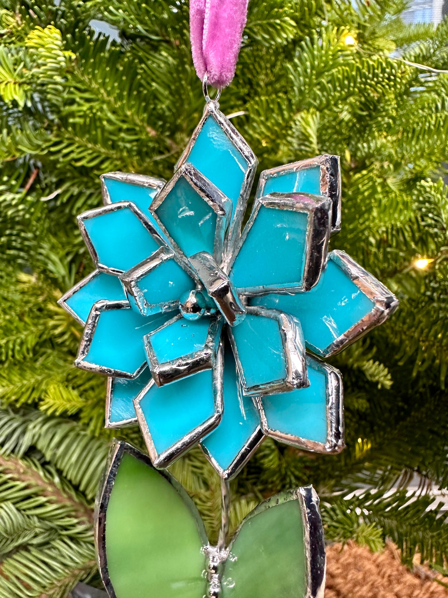 Christmas tree ornament Flower Turquoise Set of 1, 3, 5, 7, 10. Stained glass Wall window decor, holiday decorations, lights